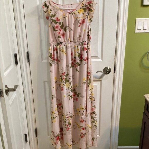 Isabel Maternity Floral Pink Maxi Dress Summer Ruffle Sleeve Lined Size Large - Picture 1 of 10
